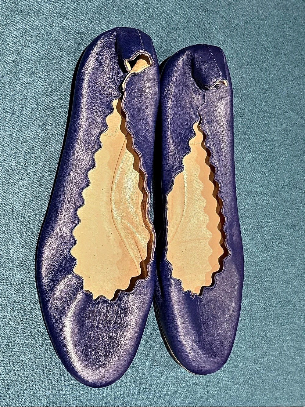 Chloé Lauren Scalloped Leather Ballet Flats Blue EU 371⁄2